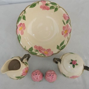 Franciscan Desert Rose Set, Vintage 9&quot; Serving Bowl, Salt and Pepper. Cream and Sugar, 6 Piece Set V