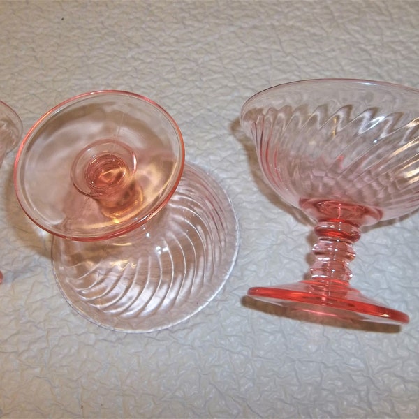 Vintage Depression Glass, Set of 4 Pink Swirl Champagne/Sherbet Stemmed Glasses