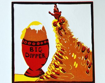 Lino print - “Crack eggs, not farmers”.