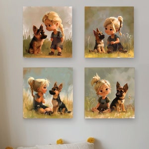 Beste vrienden - zo begon het lief blond meisje en Duitse herder puppy canvas print set van 4 - set geanimeerde canvasafdrukken
