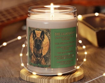 Belgian Malinois Candle/Tarot Style "The Gladiator" Scented Natural Soy Wax/Funny Belgian Malinois Gift #2/Belgian Malinois Mom/Maligator