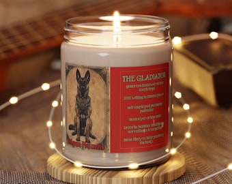 Belgian Malinois Candle/Tarot Style "The Gladiator" 9oz Scented Natural Soy Wax/Funny Belgian Malinois Gift/Belgian Malinois Mom/Maligator