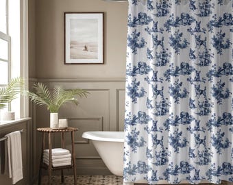 Chihuahua Blue Toile Shower Curtain | Charming Chihuahua Shower Curtain, French Country Style Chi Bathroom Decor