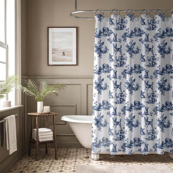 Chihuahua Blau Toile Duschvorhang | Charmanter Chihuahua Duschvorhang, französisches Landhausstil Chi Badezimmer Dekor