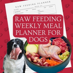 May include: A printable weekly meal planner for dogs, with a photo of a dog eating raw meat and a bowl of raw food ingredients, including ground meat, chicken, hearts, carrots, celery, and zucchini.