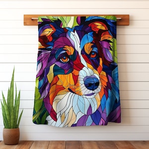 Collie Kaleidoscope - Colorful Border Collie Stained Glass Style Velveteen Minky Blanket/Colorful Border Collie Throw Blanket/Dog Lover Gift