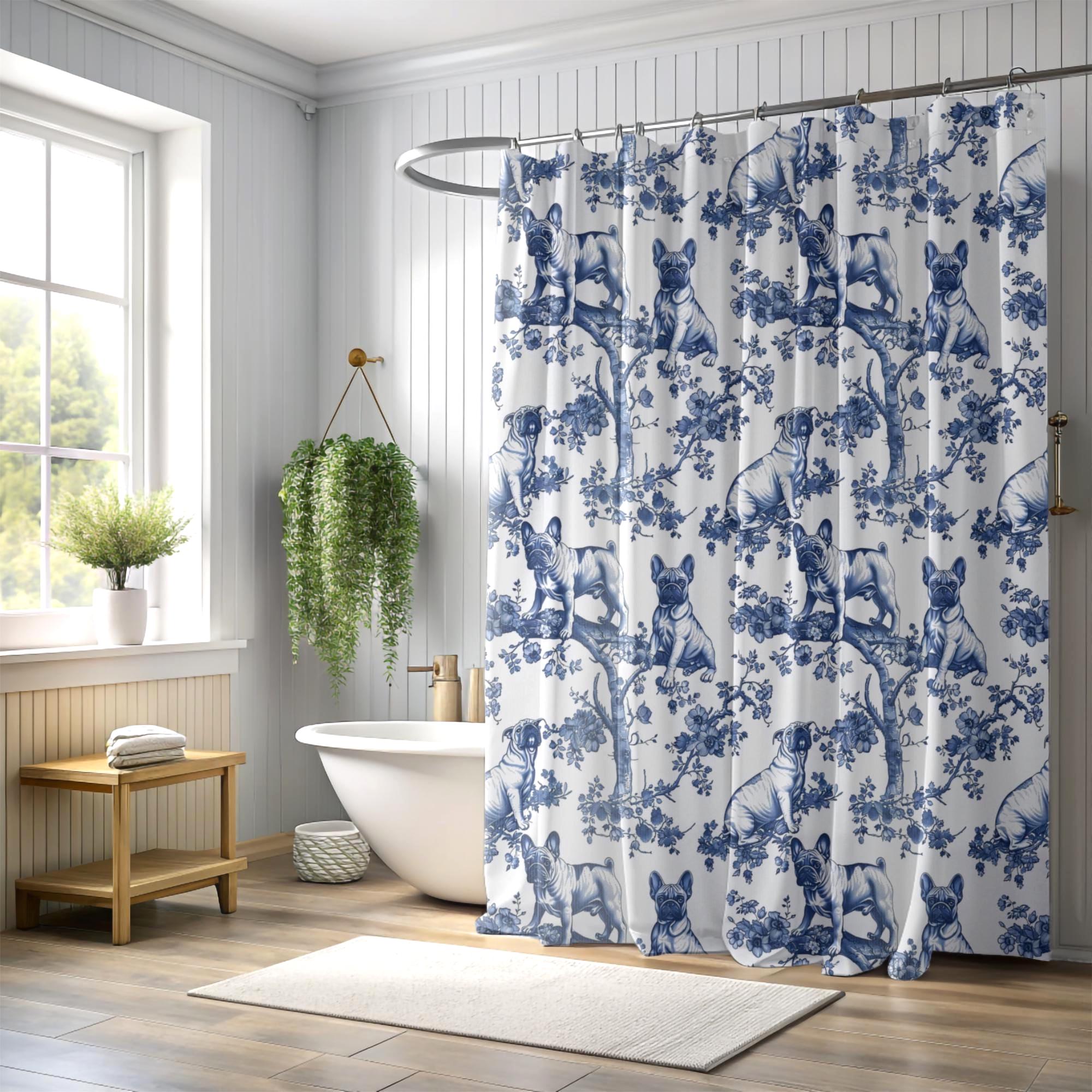 Playful French Bulldog Blue Toile Shower Curtain | Charming Frenchie