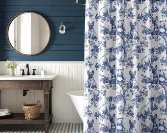 Playful French Bulldog Blue Toile Shower Curtain | Charming Frenchie Shower Curtain, French Style Frenchie Bathroom Decor