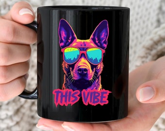 THIS VIBE Ultra Cool Neon German Shepherd Wearing Sunglasses Coffee Mug/Good Vibes Only Cup/Dog Trainer Mug/The Coolest German Shepherd Gift