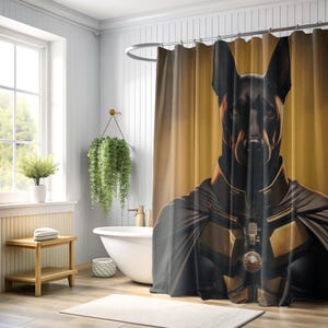 Heroischer Dobermann Duschvorhang | Dobermann Wohnkultur | Dobermann Mama Dobermann Papa | Dobermann Superheld | Dobermann Hund