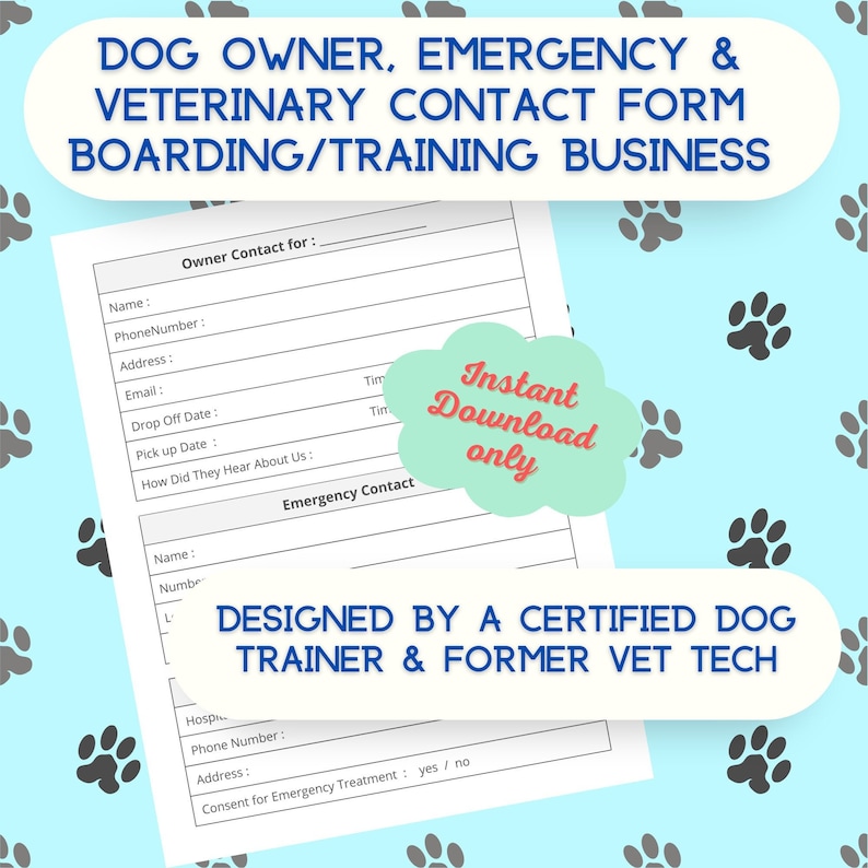 Board and Train Dog Owner Emergency Vet Contact Form Dog Trainers Printable PDF INSTANT Digital Download Made by Pro Dog Trainer & VetTech image 1