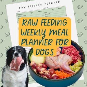 May include: A printable weekly meal planner for dogs on a raw food diet. The planner has sections for name, week of, type, and amount. The image also shows a bowl of raw food for dogs, including ground meat, chicken hearts, a whole quail, and vegetables.