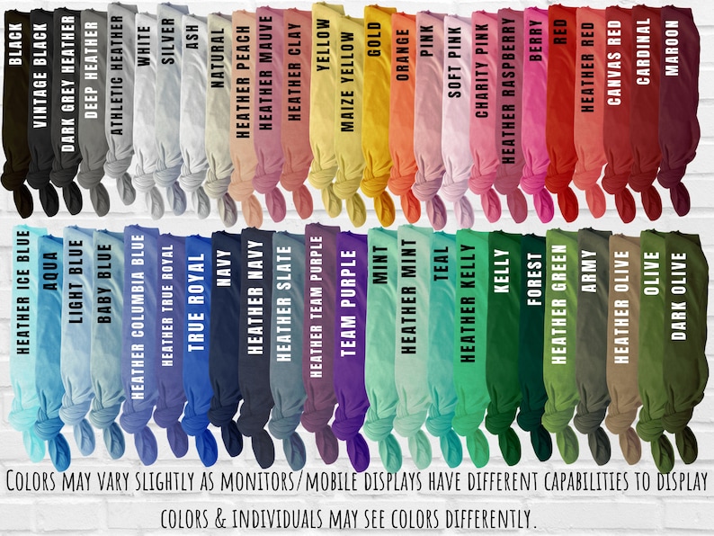 May include: A color chart of 36 different fabric colors, including black, white, grey, blue, green, red, yellow, orange, pink, and purple. The fabric swatches are arranged in rows and columns, with the color name printed below each swatch.