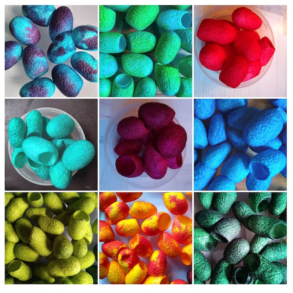 Silk cocoons, 5 dyed silk cocoons, cut silk cocoons, dragon eggs, jewellery, mixed media, crafters, felting, fibre arts, textile arts, silk