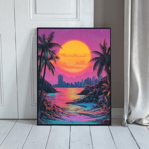 Neon Coastal Sunset Wall Art | Retro Beach Landscape Print, Synthwave Vaporwave Poster