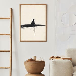 Meditating Monk Art Print | Zen Sumi-e Poster, Minimalist Spiritual Decor, Japanese Ink Wash Print, Calming Wall Art