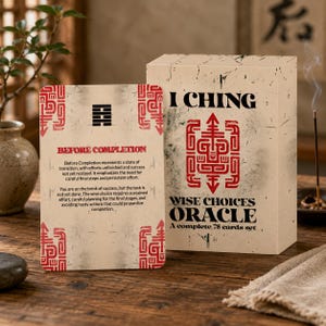 May include: An I Ching Wise Choices Oracle card deck box and a single card titled Before Completion. The card features a black hexagram symbol, red decorative borders, and descriptive text. The box displays the title and a red graphic symbol.
