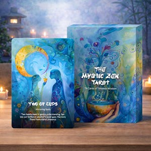 May include: A Mystic Zen Tarot deck with a box and card featuring a celestial illustration. The card shows two figures holding a cup under a crescent moon. The box reads "THE MYSTIC ZEN TAROT" and "78 Cards of Timeless Wisdom."