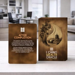 May include: A brown I Ching Wealth Oracle card and box set. The card features the text "AFTER COMPLETION" and a description. The box has a Yin Yang symbol with a pagoda and bamboo trees. The text "I CHING WEALTH ORACLE" is also visible.