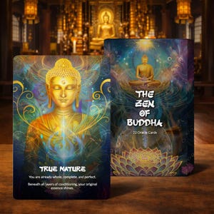 May include: A set of 22 oracle cards titled "The Zen of Buddha." The cards feature illustrations of Buddha in gold and blue tones. The card on the left has the text "True Nature" and a quote. The card box has a Buddha illustration.
