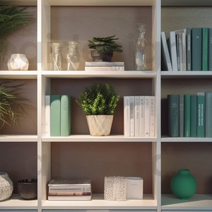 Op de afbeelding: Een witte boekenkast met meerdere planken gevuld met boeken, planten en decoratieve items. De planken zijn gevuld met een verscheidenheid aan items, waaronder boeken, planten, vazen en andere decoratieve objecten. De boekenkast is gemaakt van wit hout en heeft een eenvoudig, modern ontwerp.