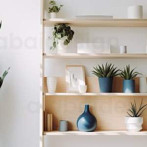 May include: A wooden shelf unit with multiple shelves, filled with various plants, vases, and decorative items. The shelves are made of light wood and have a natural finish. The plants are in various sizes and colors, including green, blue, and white. The vases are also in various sizes and colors, including blue, white, and brown. The decorative items include a picture frame, a book, and a small basket.