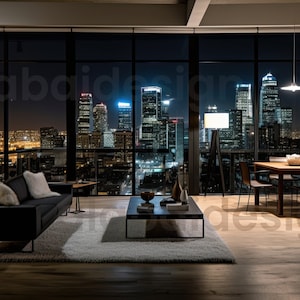 May include: A modern living room with a large window overlooking a city skyline at night. The room features a black leather sofa with white pillows, a coffee table, a dining table with chairs, and a floor lamp.