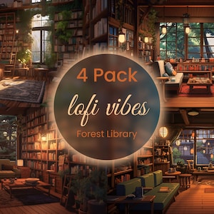 Puede incluir: Un collage de cuatro imágenes que muestran una acogedora biblioteca con grandes ventanales que dan a un bosque. La biblioteca está llena de estanterías, asientos cómodos e iluminación cálida. El texto "4 Pack lofi vibes Forest Library" se muestra en el centro de la imagen.