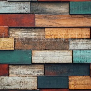 May include: A close-up of a wall made of rectangular wooden planks in various colors. The planks are painted in shades of red, brown, teal, white, and blue. The wood grain is visible, adding texture to the surface.