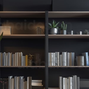 Modern Grey Bookcase for Zoom Background - Virtual Home Office Shelf, Stylish & Functional Bookshelf Decor