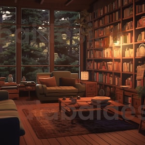 May include: A cosy living room with a large window overlooking a forest. The room features a brown leather sofa, a green armchair, a wooden coffee table, and a large bookcase filled with books. The room is lit by a warm, inviting light.