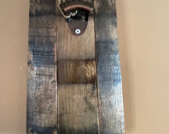 Wall Mounted Bourbon Stave Bottle Opener with Magnet Cap Catcher