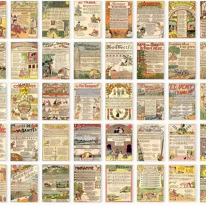 Może przedstawiać: Kolekcja 36 vintage ilustracji z francuskich książek dla dzieci. Każda ilustracja przedstawia inną scenę z klasycznej francuskiej książki dla dzieci. Ilustracje są w r&oacute;żnych kolorach i stylach, a wszystkie są oprawione w prostą białą ramkę.