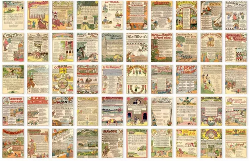 Może przedstawiać: Kolekcja 36 vintage ilustracji z francuskich książek dla dzieci. Każda ilustracja przedstawia inną scenę z klasycznej francuskiej książki dla dzieci. Ilustracje są w r&oacute;żnych kolorach i stylach, a wszystkie są oprawione w prostą białą ramkę.