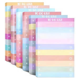 May include: A set of ten pastel-coloured to-do list pads with a rainbow gradient design. Each pad has a white border and the words "TO DO LIST" printed in white at the top.
