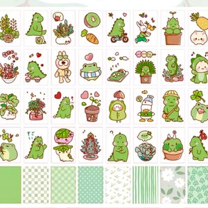 以下が含まれることがあります： かわいい漫画のキャラクター、植物、パターンが描かれた緑と白のステッカー40枚セット。ジャーナル、プランナー、ラップトップなどに遊び心を加えるのに最適です。