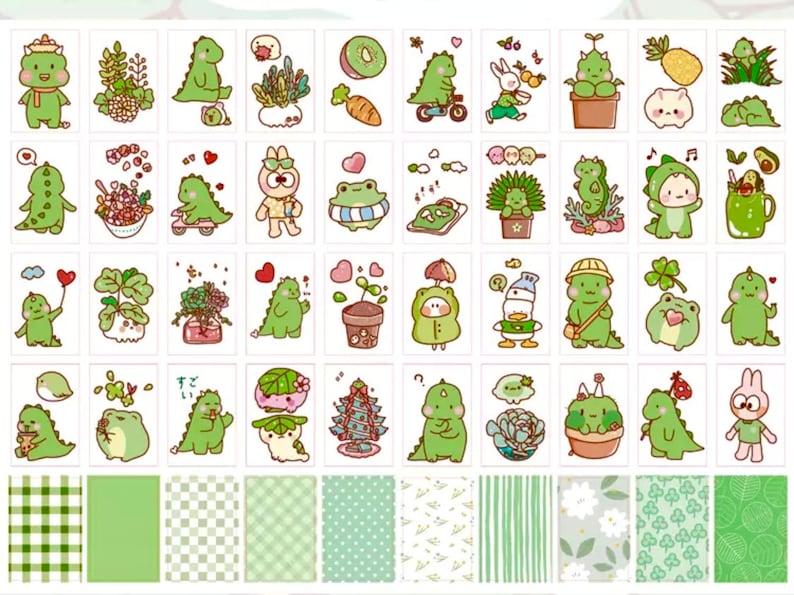 以下が含まれることがあります： かわいい漫画のキャラクター、植物、パターンが描かれた緑と白のステッカー40枚セット。ジャーナル、プランナー、ラップトップなどに遊び心を加えるのに最適です。