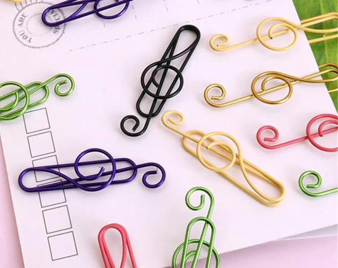 Music Note Paper Clips - Set Of 10 - Journal Supplies - Aesthetic Stationery - School Supplies - Scrapbook Supplies - Treble Clef Clips