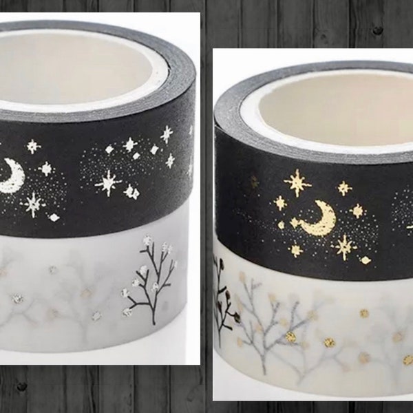 Gold & Silver Washi Tapes - Journal Supplies - Penpal Supplies - Moon And Star Washi Tape - Tree Washi Tape - Celestial Washi Tape - Collage