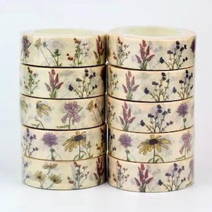 Taśma washi z motywem kwiatowym - 15 mm x 10 M - Materiały do scrapbookingu - Taśma dekoracyjna washi - Materiały do dziennika śmieci - Materiały do penpal - Materiały do rękodzieła