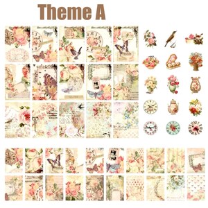 May include: A set of 36 digital scrapbook paper designs featuring a vintage floral theme with butterflies, clocks, birds, and floral arrangements. The papers are in shades of pink, blue, green, and brown with a distressed, vintage look.