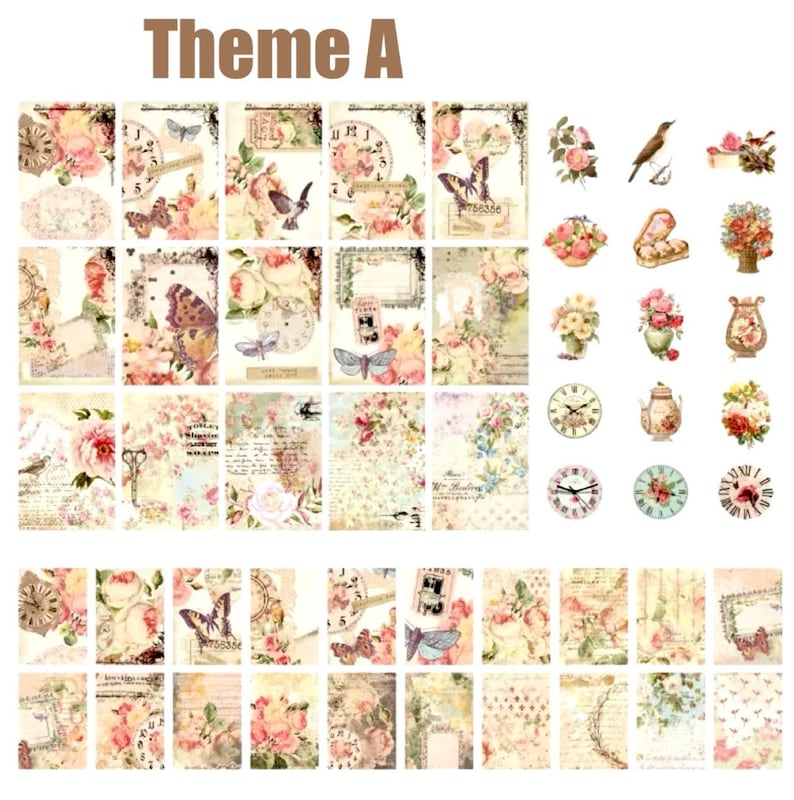 May include: A set of 36 digital scrapbook paper designs featuring a vintage floral theme with butterflies, clocks, birds, and floral arrangements. The papers are in shades of pink, blue, green, and brown with a distressed, vintage look.