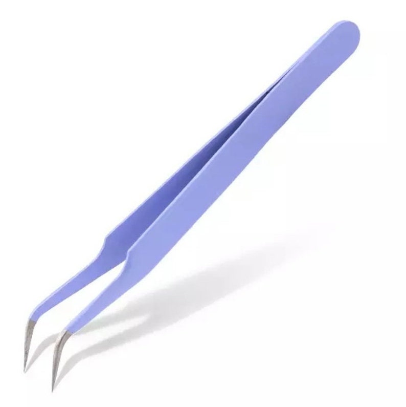 May include: A pair of light blue tweezers with slanted tips. The tweezers are made of metal and have a matte finish.
