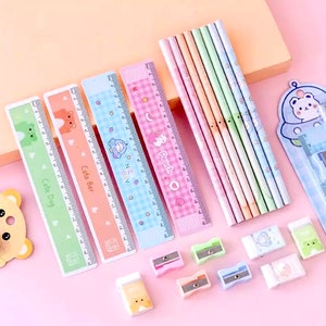 Set di cancelleria Kawaii - Matita Kawaii, gomma, temperino, righello - Ritorno a scuola - Forniture per scrivania - Cancelleria carina - Cancelleria per cartoni animati