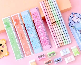 かわいい文房具セット - かわいい鉛筆、消しゴム、鉛筆削り、定規 - 新