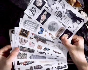 May include: A set of vintage-style stickers featuring illustrations of planets, butterflies, clocks, and other designs. The stickers are printed on white paper and have a matte finish. The text on the stickers includes "Cherish the Moment", "There is More to Come", "Day", "Miss You", "Dance", "Gorgeous", "Me", "Flying", "15", "The", "P", and "Air Mail".