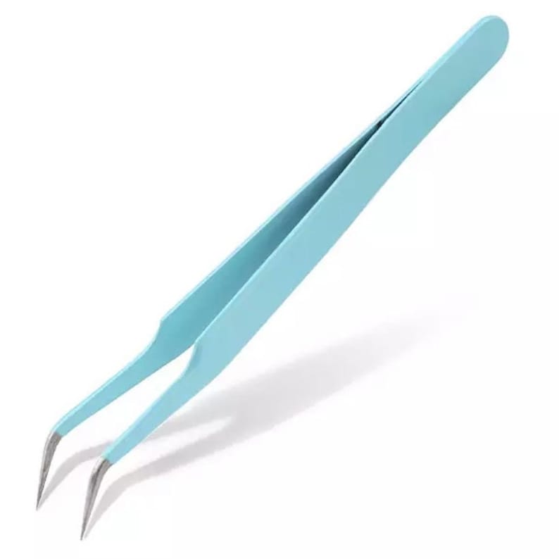 May include: A pair of light blue tweezers with slanted tips. The tweezers are made of metal and have a matte finish.