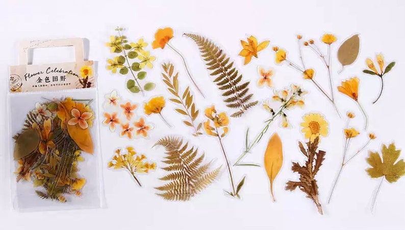 40 Pressed Flower Stickers Creative Journaling Stickers Scrapbook Supplies Craft Stickers Botanical Stickers Nature Stickers Yellows