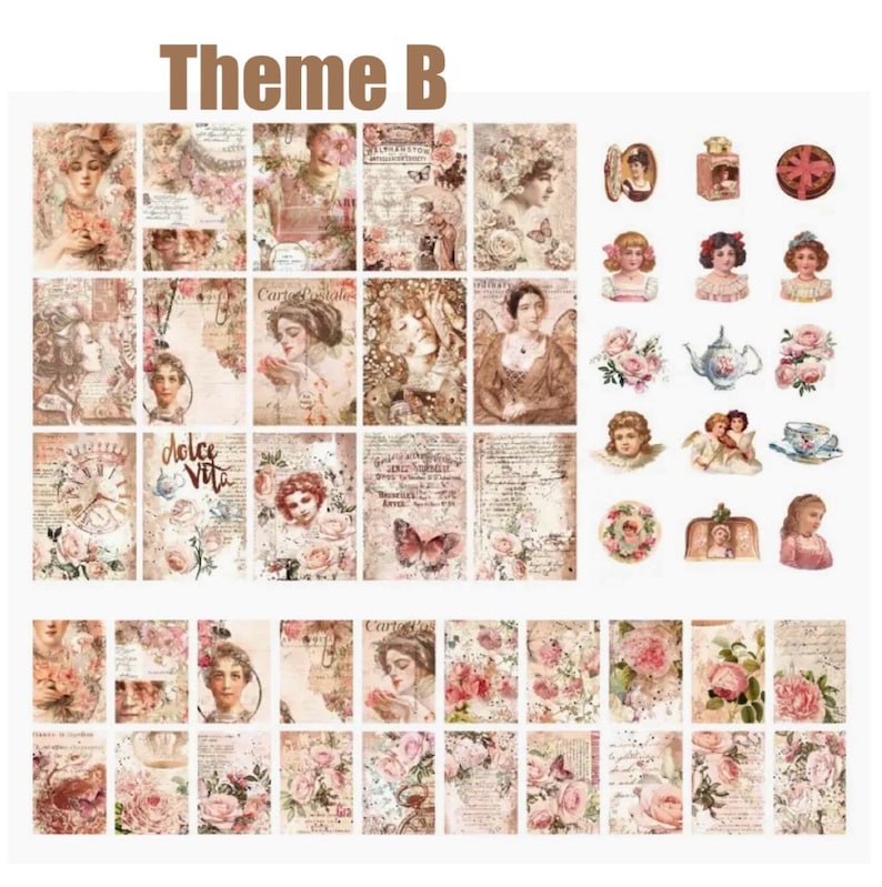 May include: A set of 48 vintage-style scrapbook paper featuring floral patterns, butterflies, angels, and text in French and Italian. The paper is printed on a textured background with a distressed look. The paper is perfect for scrapbooking, card making, and other paper crafts.