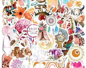 Boho-tema klistermärkesset - 50 vattentäta klistermärken - Scrapbook-tillbehör - Hantverksklistermärken - Kreativ dagbok - Estetiska laptopklistermärken